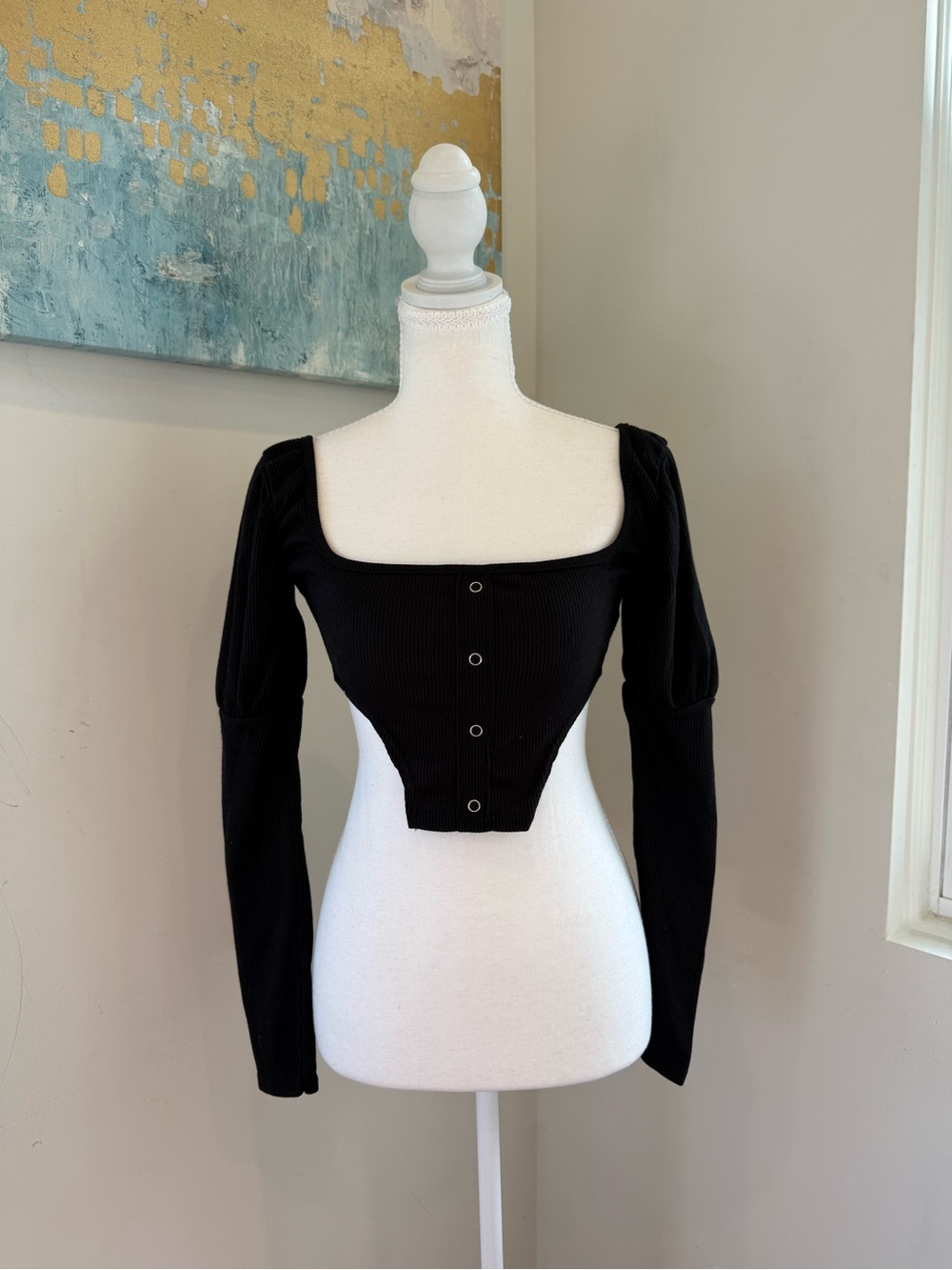 Nasty Gal Black Square Neck Ribbed Button Crop Top Size 8